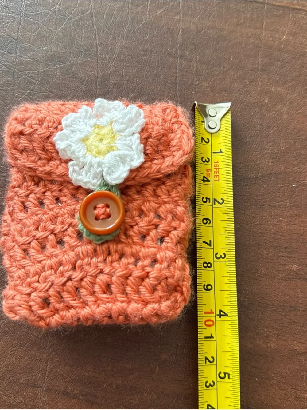 Brand New Hand Crocheted Wrist Pouch With Buttons; 4” x 3.25”/Coral